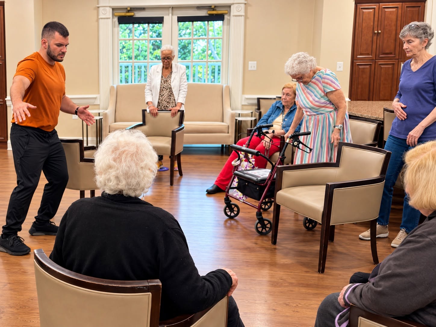 Bryan demonstrating a protective stance to residents of a senior living community, some seated and some standing with walkers and chairs for support