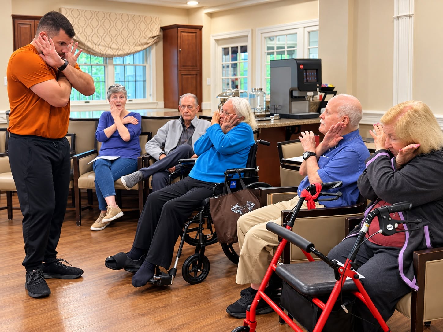 Seated residents, including one in a wheelchair, following Bryan as he demonstrates a protective arm position